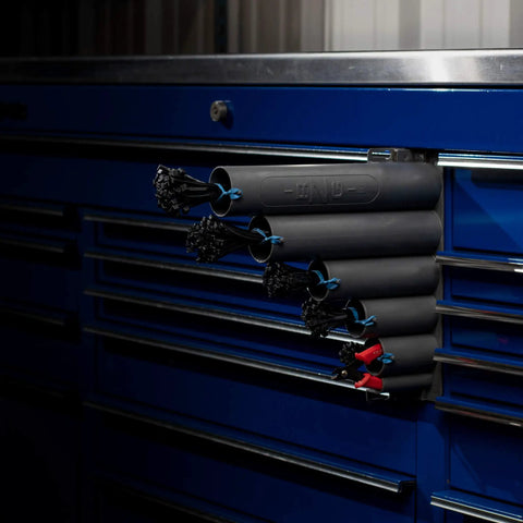 Magnetic Base Cable Tie Organizer With 250 Zip Ties And Cutter mounted on metal cabinet for garage or DIY projects.
