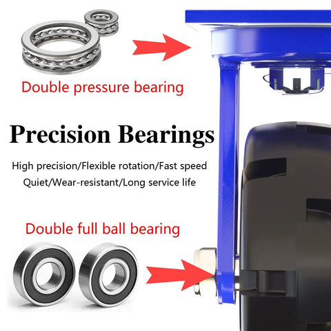 Precision bearings for Heavy Duty Locking Casters With Dual Disc Brakes, Rock Solid Rubber Tires, Shock Absorbing Puncture Proof Wheel Kit.