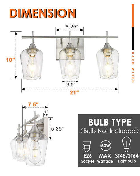 Three Light Vanity Light Fixture Over Mirror in Brushed Nickel With Clear Glass Wine Glass Shades dimensions and specifications