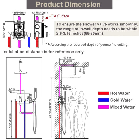 Boss Brushed Gold Shower Faucet Set With Ceiling Mount 8 Inch Rainfall Head System installation dimensions diagram