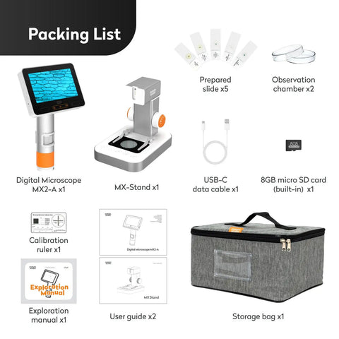 Kids Microscope Handheld Digital Miniscope With Stand Mode For Indoor And Outdoor Learning Built For Ages 5 To 18 Totally Awesome For Biology Geology Coins And More A Fun Educational Science Toy For Curious Minds. Packing list with microscope, stand, slides, USB-C cable, SD card, bag