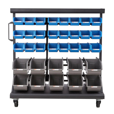 Straight Up Reliable Dual Sided Rolling Storage Rack With Sixty Eight Tough Plastic Parts Bins And Quick Label Slots, Slick Mobile Tool Caddy Featuring Heavy Duty Build And Smooth Locking Casters For Garage Workshop Setup