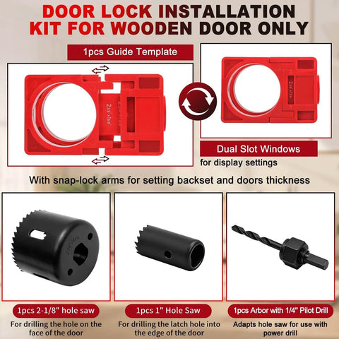 Door lock installation kit with guide template and hole saws for wooden doors shown with snap-lock arms and drill bit.
