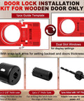 Door Hinge Template Kit For Router Aluminum Alloy Mortise Jig showing guide template, hole saws, and drill bit for installations.