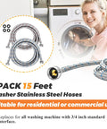 15Ft Stainless Steel Washing Machine Hoses Two Pack With Hot And Cold Water Lines Universal Fit For All Washers Burst Proof And Leak Free Striped Tubing 10 Year Warranty shown beside a woman near a washer