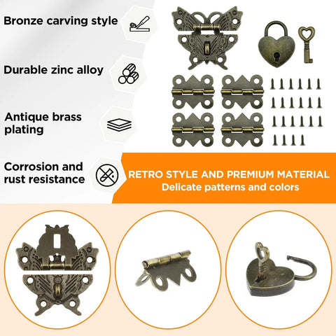 Retro Engraved Jewelry Box Hinges Hasp Lock Set with screws, antique bronze finish for DIY wooden case and cabinet decoration.