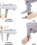 Stainless Steel Vernier Caliper 0 To 8 Inch And 200 mm With Inch Fraction And Metric Readings demonstrating measurements on wood.