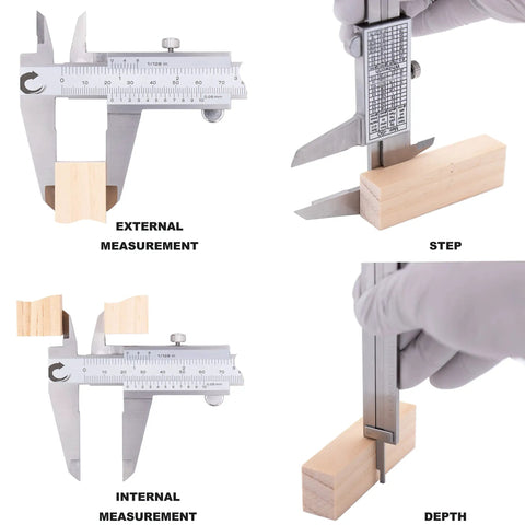 Stainless Steel Vernier Caliper 0 To 8 Inch And 200 mm With Inch Fraction And Metric Readings demonstrating measurements on wood.