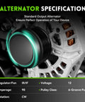 New OEM-Quality Alternator Replacement for Hyundai Elantra 2011-2017, Kia Forte 2014-2016 specifications chart shown