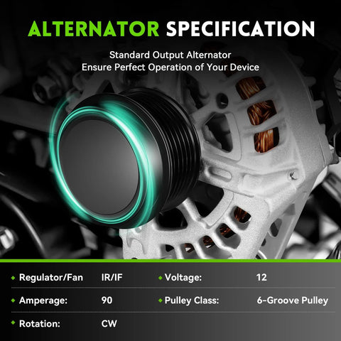 New OEM-Quality Alternator Replacement for Hyundai Elantra 2011-2017, Kia Forte 2014-2016 specifications chart shown