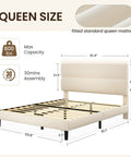 Queen Size Platform Bed Frame With Plush Velvet Headboard And Extra Thick Wooden Slats Delivers Rock Solid Mattress Support For Major Room Refresh Vibes And Hassle Free Setup In Beige dimensions and specifications