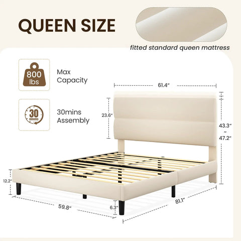 Queen Size Platform Bed Frame With Plush Velvet Headboard And Extra Thick Wooden Slats Delivers Rock Solid Mattress Support For Major Room Refresh Vibes And Hassle Free Setup In Beige dimensions and specifications