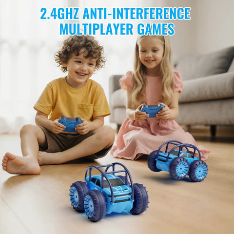 Kids playing with Amphibious Remote Control Car With Rechargeable Battery And Remote 360 Degree Flips 4WD All Terrain Stunt RC Toy indoors.