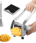 Front view of stainless steel French fry cutter with dual blades, grid slicer, and cleaning brush.