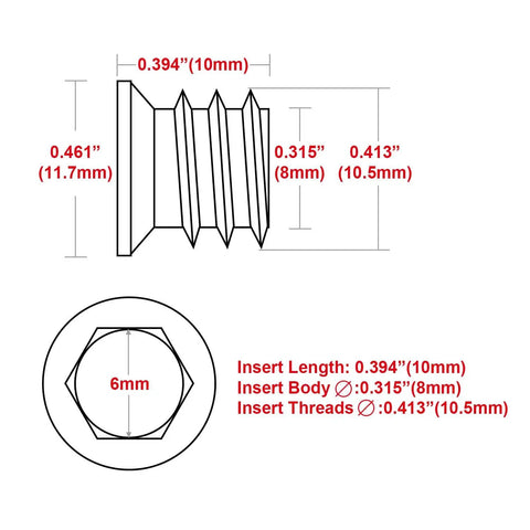 Diagram of 40Pcs 1/4-20 X 10mm Wood Threaded Inserts Fastener Kit with Hex Socket Drive and 6mm Hex Spanner for furniture DIY repairs.