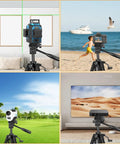 Lightweight Laser Level Tripod with 3-Way Rotating Head in various settings; 360° horizontal, 180° vertical adjustments shown.