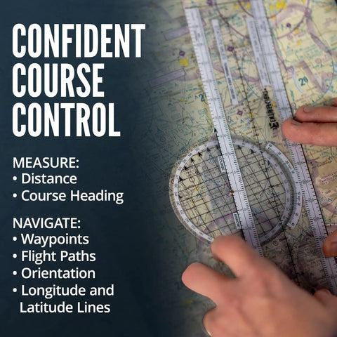 Hands using E6B Flight Computer And Aviation Plotter For Pilots - Ultimate Flight Bag Essential For IFR And VFR Navigation on map