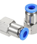 Two Pack One Eighth Inch NPT Female Push To Connect Fittings For Air Lines, One Quarter Inch Tube OD, showing blue caps