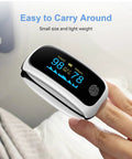 Rechargeable Pulse Oximeter With Fast SpO2 And Pulse Rate Readings In Five To Eight Seconds shown on a finger