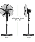 Front and side view of 18 inch oscillating stand fan with 3 speeds, adjustable height 43-50 inches, black
