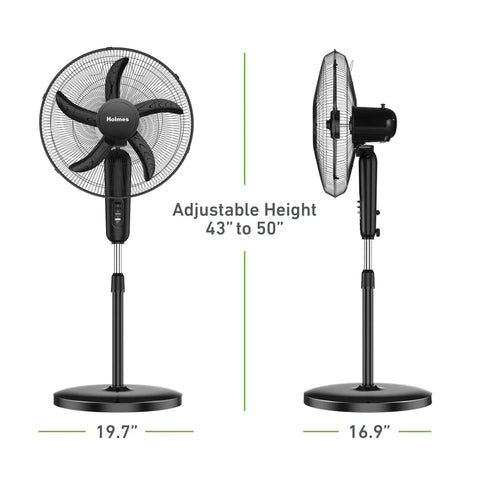 Front and side view of 18 inch oscillating stand fan with 3 speeds, adjustable height 43-50 inches, black