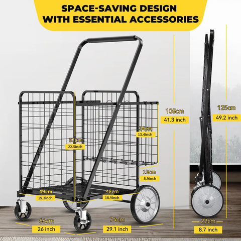 Beastly Folding Shopping Cart With 5.7 Cu Ft Space, 600 Lb Capacity, wireframe design, 360-degree swivel wheels, compact storage