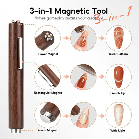 Close-up of 3-in-1 magnetic pen from Cat Eye Nail Magnet Set 10pc With 3 In 1 Magnetic Pen And Dual Head Wand for nail art.