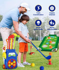 Toddler with adult playing with Toddler Golf Set With Putting Mat And Cornhole Board For Kids Aged 3 To 5 Includes 4 Lightweight Clubs 10 Balls