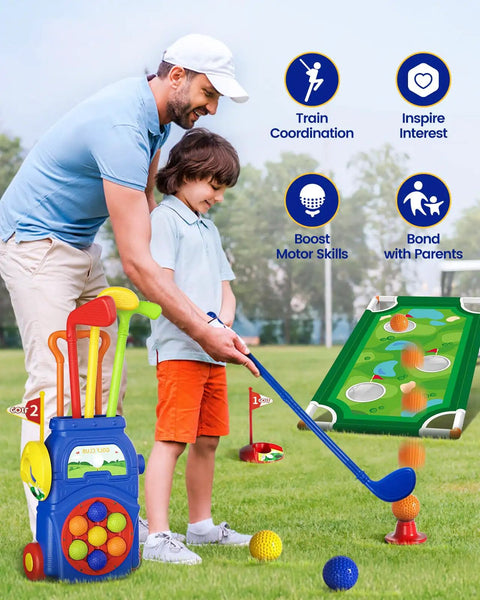 Toddler with adult playing with Toddler Golf Set With Putting Mat And Cornhole Board For Kids Aged 3 To 5 Includes 4 Lightweight Clubs 10 Balls