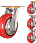 Heavy Duty Caster Wheels Top Plate Swivel With Brake Mute Polyurethane Castors in red for workbench and trolleys, set of four