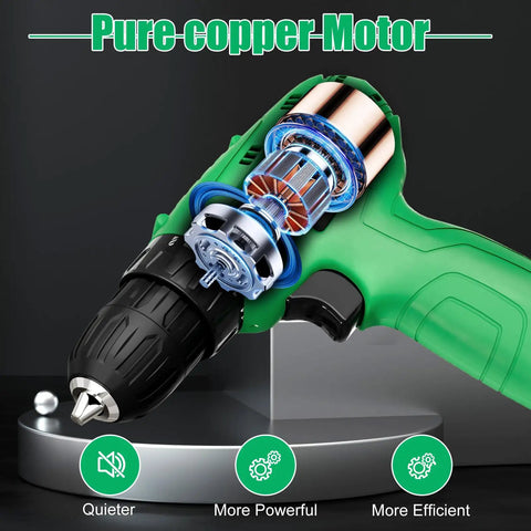 Cordless 20V Power Drill With 3 Batteries And Charger, showcasing internal components and copper motor for DIY projects.
