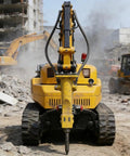 Front view of a customizable remote control demolition robot for concrete breaking and disaster rescue in construction site.
