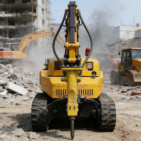 Front view of a customizable remote control demolition robot for concrete breaking and disaster rescue in construction site.