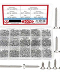 1070-Piece M2 Wood Screw Set With Cross-Recessed Flat Head Self-Tapping Hardware For DIY Projects, Eight Lengths From M2x4 To M2x20, Fully Organized Kit For Furniture, Cabinets, And General Woodworking. Clear plastic organizer with M2 screws in divided compartments