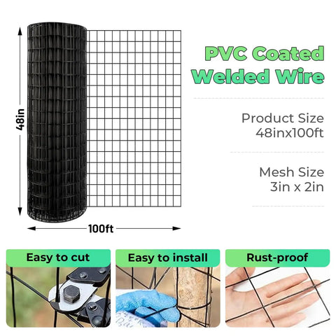 Vinyl Coated Welded Wire Garden Fence Roll 48 Inch by 100 Foot 2 Inch by 3 Inch Mesh 16 Gauge Rust Resistant PVC Coated Steel Mesh