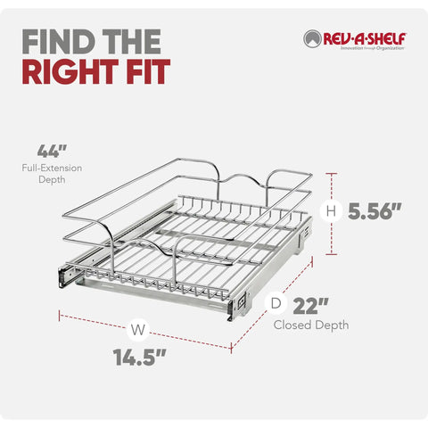 Heavy Duty Chrome Wire Pullout Cabinet Organizer Slick Glide Basket For Pots Pans And Lids dimensions and details image.