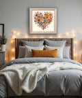 Bedroom wall with 5D Diamond Painting Kit For Adults Heart Flower Design, 13.78x13.78 inches, above bed.