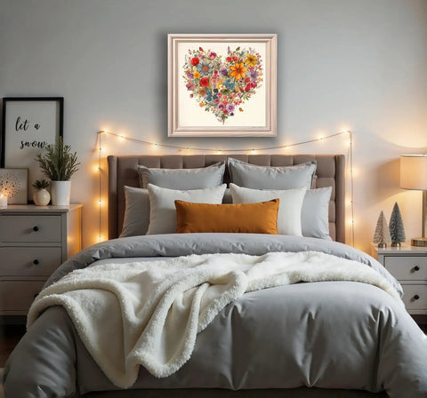 Bedroom wall with 5D Diamond Painting Kit For Adults Heart Flower Design, 13.78x13.78 inches, above bed.