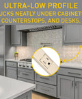 Ivory Wall Mount Power Strip With 6 Outlets 3 Foot Steel Under Counter Cable Management Center in kitchen installation.