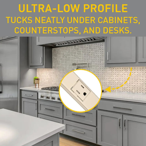 Ivory Wall Mount Power Strip With 6 Outlets 3 Foot Steel Under Counter Cable Management Center in kitchen installation.