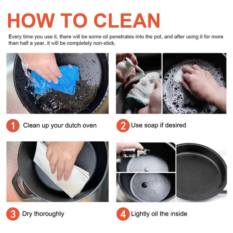How to clean Two In One Cast Iron Dutch Oven With Lid That Doubles As A Shallow Skillet, 3.2 Quart Deep Pot For Searing And Stewing