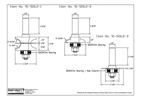Technical drawing of Rock Solid Three Piece Glass Door Router Bit Set With Razor Sharp Carbide Tips And Built Tough Steel Shanks.