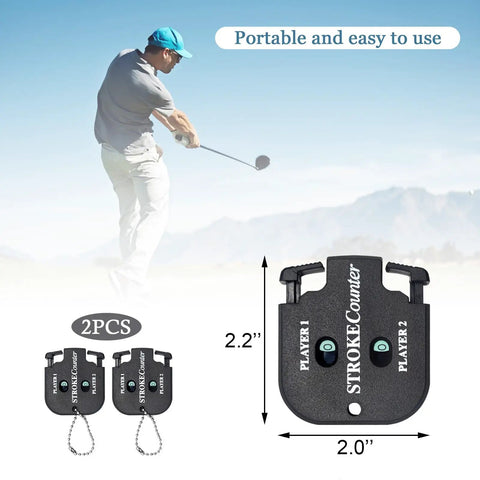 Two Player Golf Score Counter Clicker Kit Portable Handy Stroke Counter Durable Plastic Battery Free with player in background.