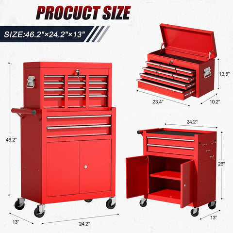 Heavy Duty 2 In 1 Detachable Tool Chest On Wheels With 10 Drawers Lockable Top Box And Bottom Cart A High Capacity Mechanic Organizer For Workshop Garage Adjustable Shelf Red Finish with size dimensions