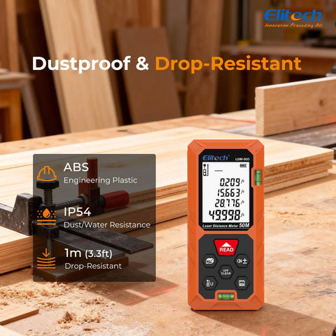 165ft Laser Tape Measure With Bubble Level for Quick, Pro Grade Accuracy and Easy Room Measurements, Digital Distance Tool for Home DIY, Renovations, and Construction Projects on workshop wood