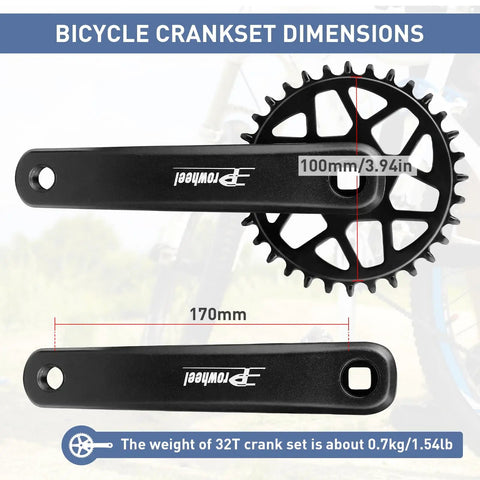 32T Chainring Crank Set With 170mm Arm For Mountain Bikes And Student Bicycles, Narrow Wide Drop Stop Design, Dimensions Shown