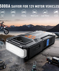 5000A Beast Mode Jump Starter With Air Compressor for 12V Cars and Trucks displayed on a scenic mountain backdrop.
