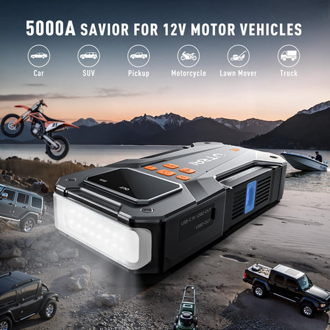 5000A Beast Mode Jump Starter With Air Compressor for 12V Cars and Trucks displayed on a scenic mountain backdrop.