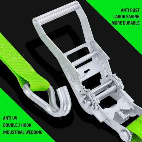 Badass 2 Inch Ratchet Tie Down Straps Heavy Duty Cargo Straps Packed With Double J Hook And 15 Foot Length showing industrial webbing and hook.