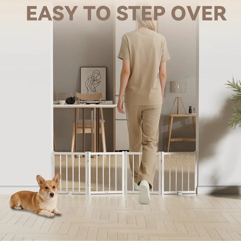Short Dog Gate For Tiny Paws Under Fifteen Pounds With Foldable Four Panel Barrier Expands To Forty Eight Inches Wide Easy door and stair fix in white.